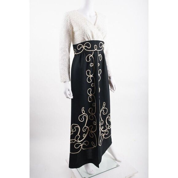 Vintage Womens Hostess Maxi Dress XS S Empire waist Black White Lace Long Sleeve - Picture 2 of 6